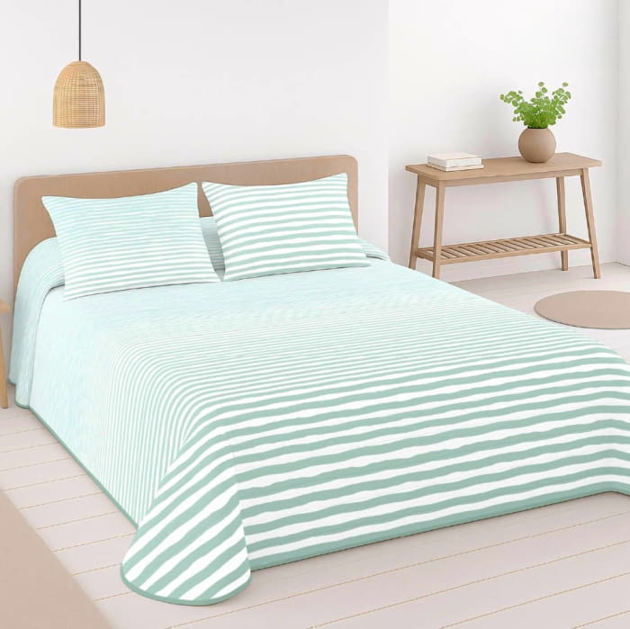Colcha boutie reversible rayas y cuadros menta - 1