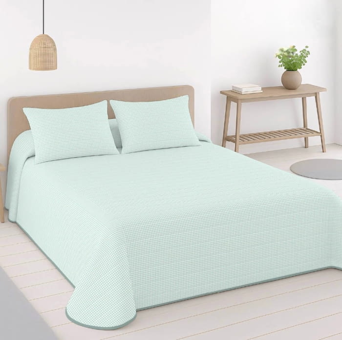 Colcha boutie reversible rayas y cuadros menta - 2
