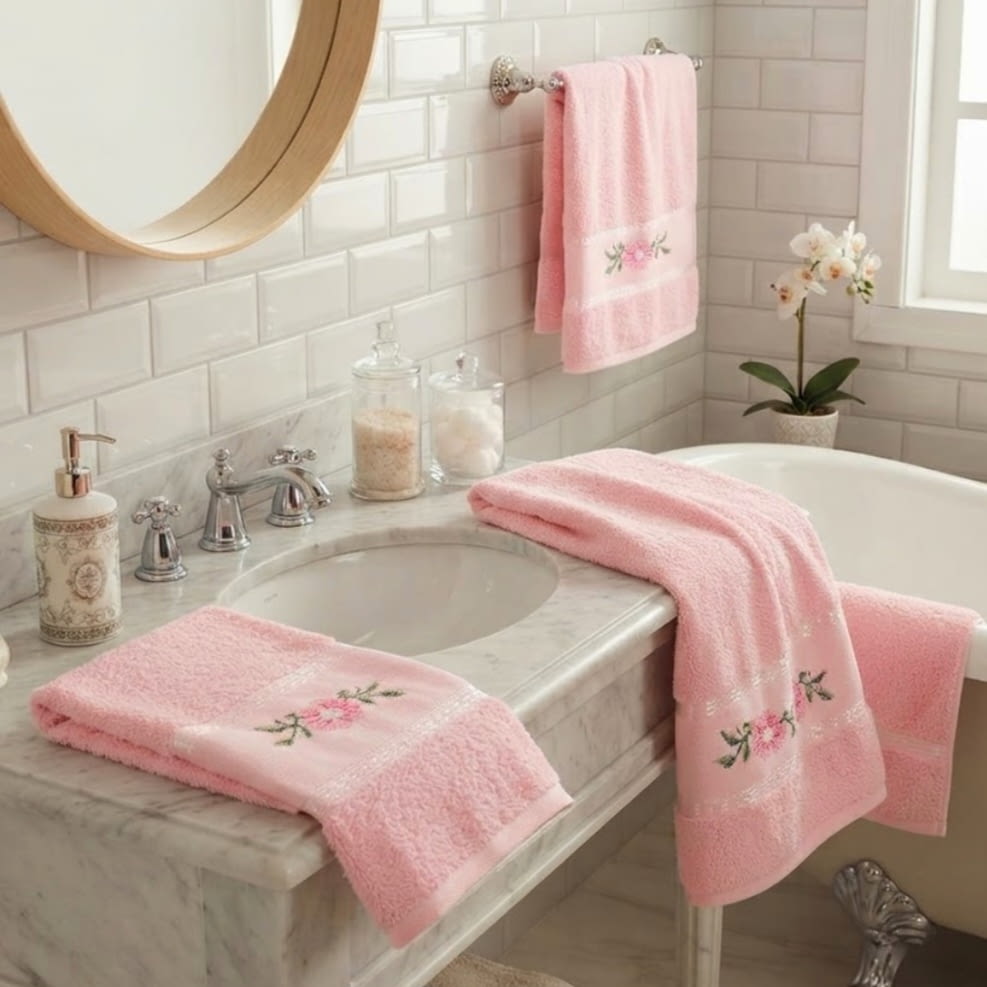 Juego de Toallas rosa bordadas
