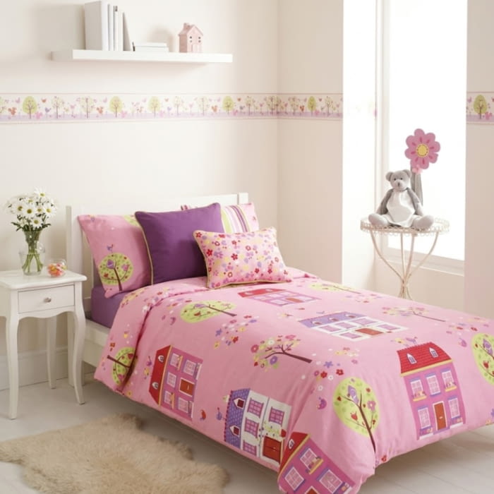 Juego Funda nórdica rosa Casitas. Cama 90