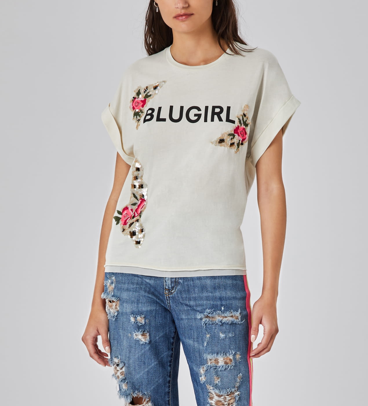 BLUGIRL camiseta blanca con logo y flores