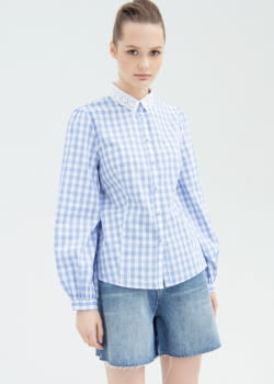 FRACOMINA camisa de cuadros azul y blanco con  encaje en el cuello - 1