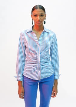 LOLA CASADEMUNT camisa de rayas azul y blanco con frunzido - 1