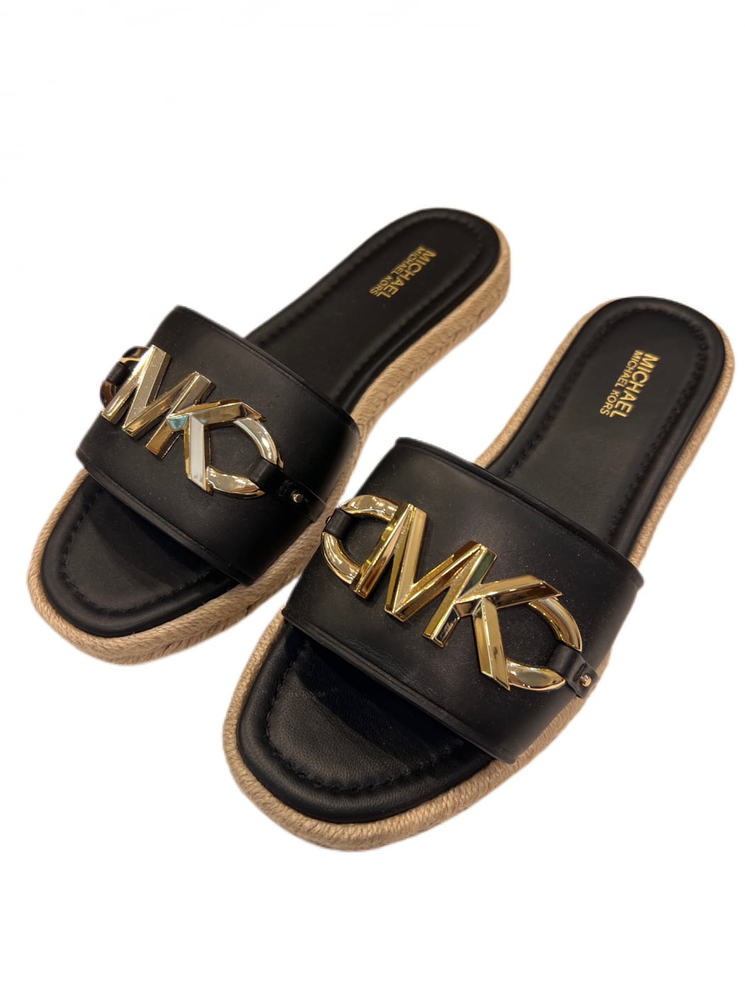MICHAEL KORS sandalia negra con suela de esparto y aplicaciones en oro