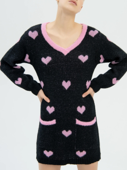 FRACOMINA vestido en lana gris con estampado de corazones en rosa - 2