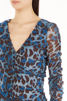 LIU·JO vestido estampado leopardo azul y negro con escote pico y volante en la manga - 3