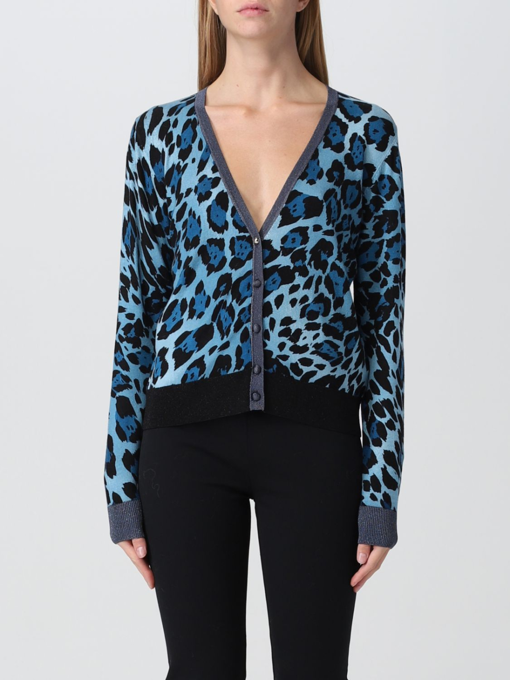 LIU·JO chaqueta punto con estampado animal print azul y negro