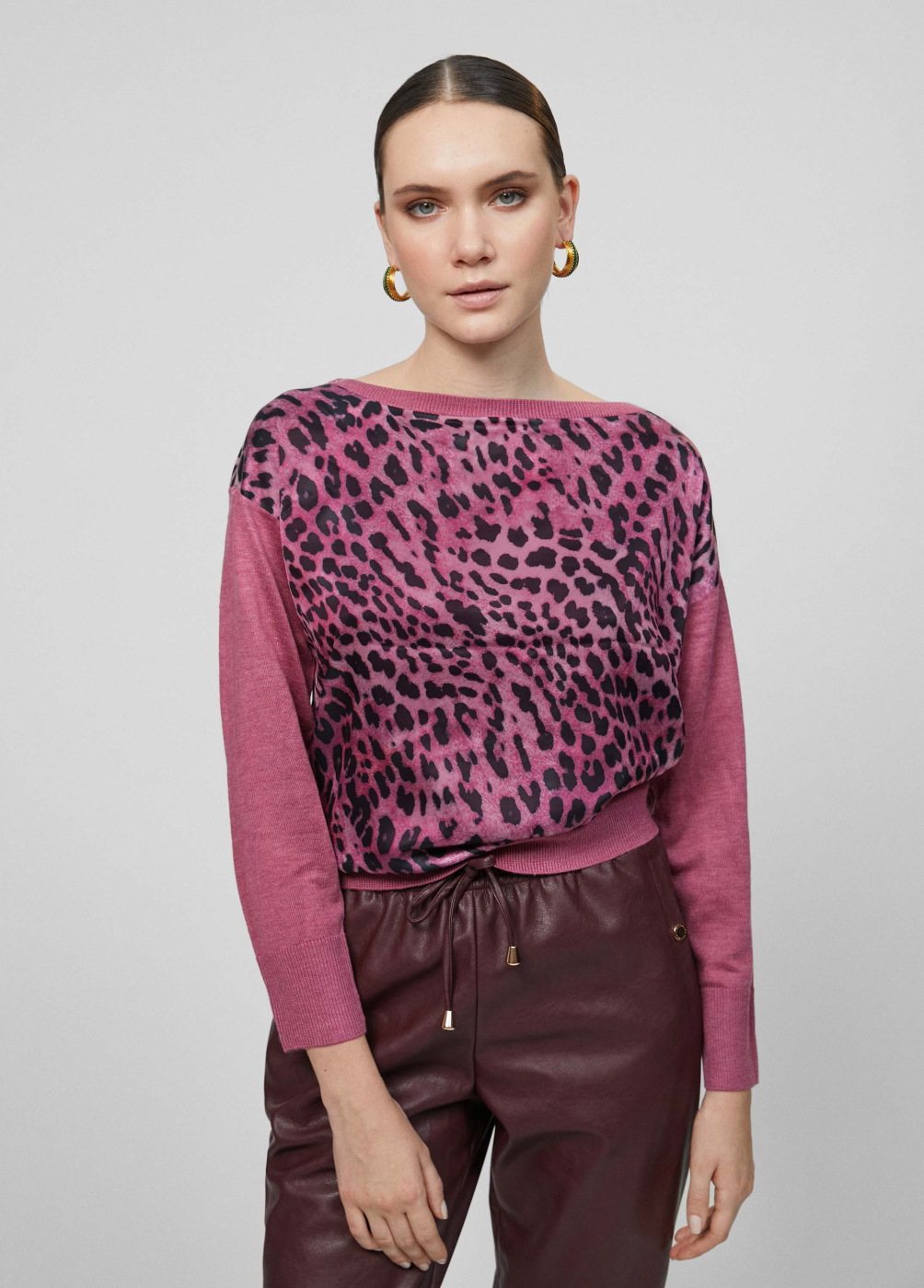 MAITE by  LOLA CASADEMUNT jersey combinado punto y raso con animal print rosa y negro