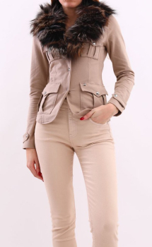 MET jeans chaqueta en algodón color camel con pelo en el cuello y bolsillos