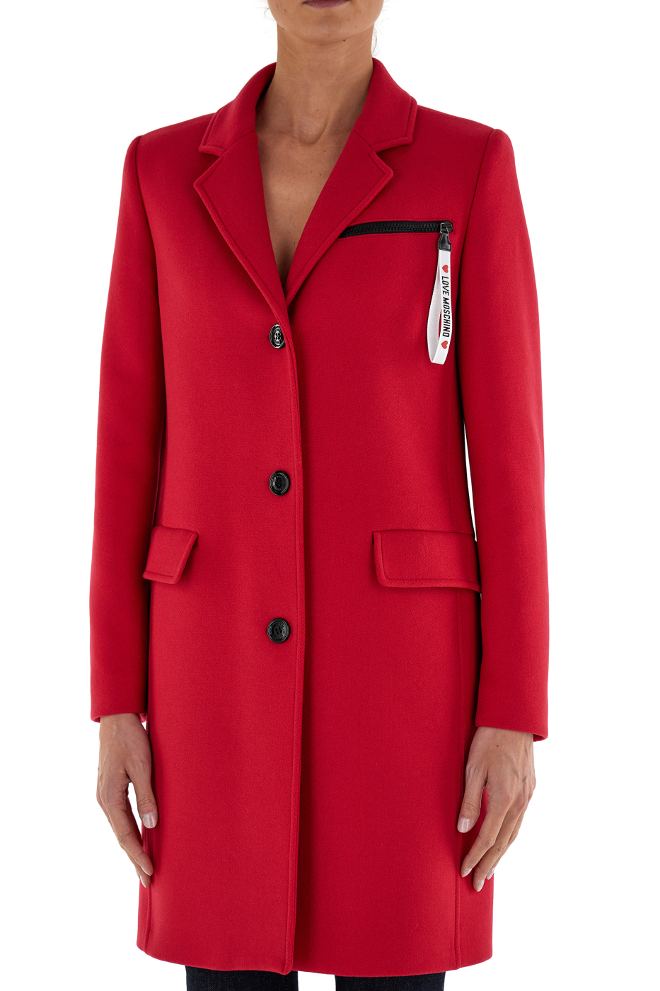 LOVE MOSCHINO abrigo colol rojo con bolsillo de cremallera en logo
