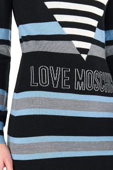 LOVE MOSCHINO vestido con rayas azul cielo, gris,  y negro con corazón y logotipo - 3