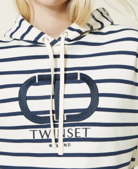 TWINSET sudadera en rayas azul marino y blanco  con logotipo y capucha - 4