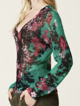 TWINSET jersey escote pico con estampado de flores negro, verde esmeralda y fúcsia