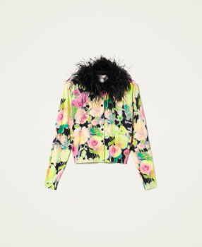 TWNSET chaqueta con marabú en el escote y jersey  manga corta verde con estampado floral - 4