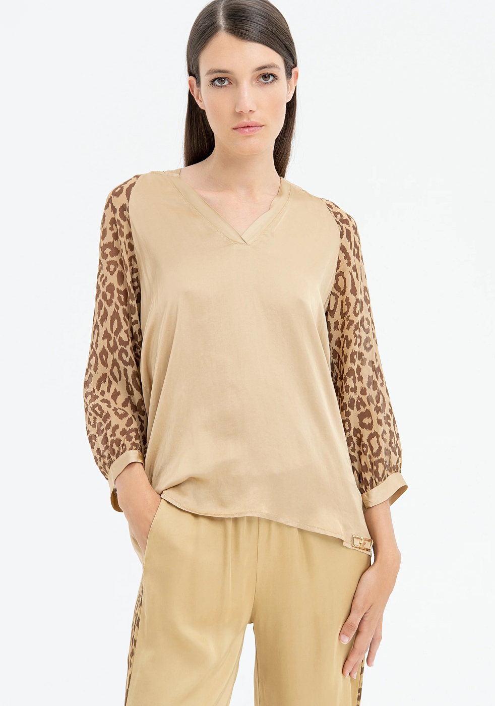 FRACOMINA camiseta combinada camel y animal print