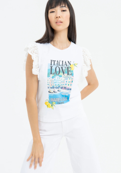 FRACOMINA camiseta blanca con volante en el hombro y estampado "Italian Love"