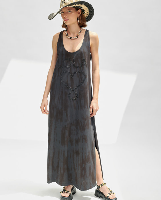 LOLA CASADEMUNT vestido largo estampado tye dye  negro con logo en pedrería