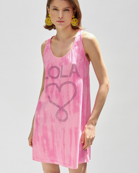 LOLA CASADEMUNT vestido estampado tye dye rosa con logo en pedrería - 3