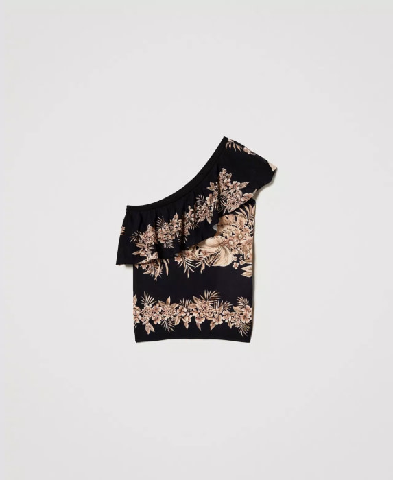 TWINSET jersey con estampado de flores negro y camel con escote irregular - 2