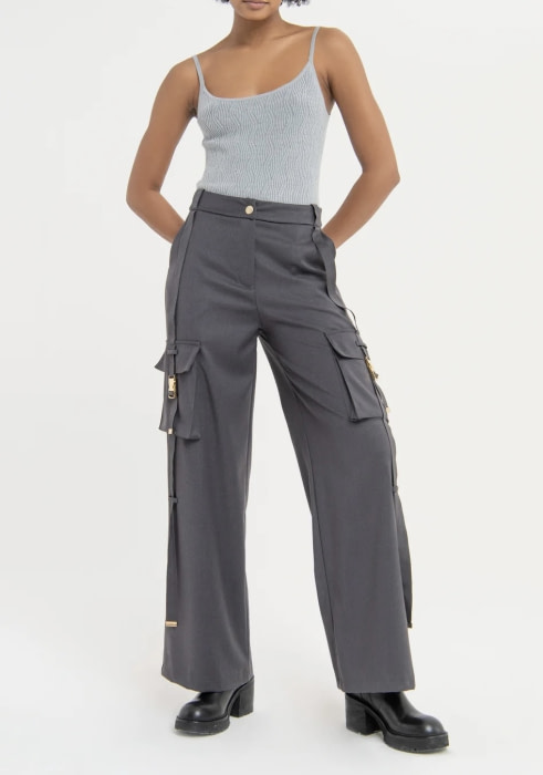 FRACOMINA pantalón cargo color gris con hebilla - 1