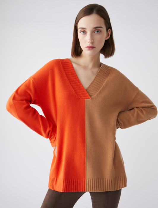PENNYBLACK jersey escote pico bicolor camel y  naranja