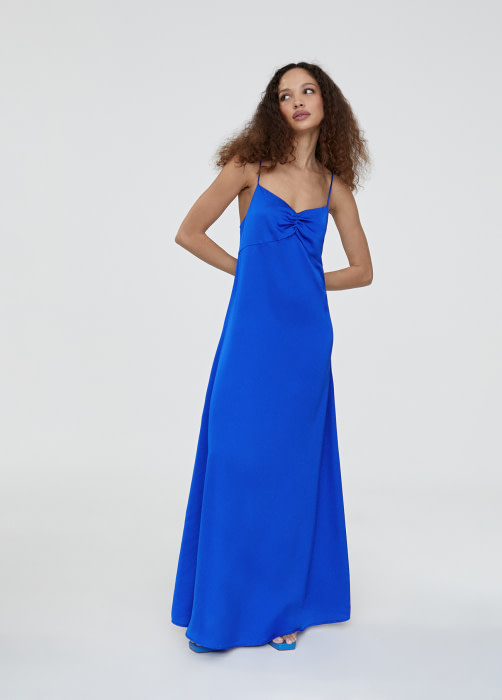 LOLA CASADEMUNT vestido largo en raso color azul  eléctrico con espalda cruzada