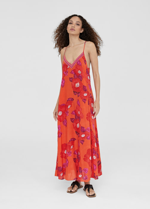 LOLA CASADEMUNT vestido largo estampado en flores naranja y rojo - 1