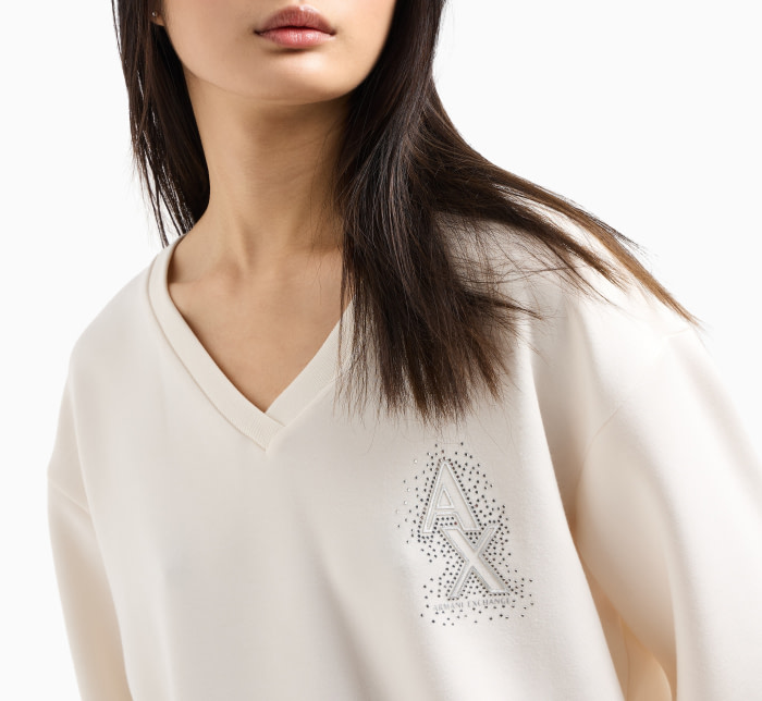 ARMANI EXCHANGE sudadera color crudo con logo y  piedras en escote pico - 2