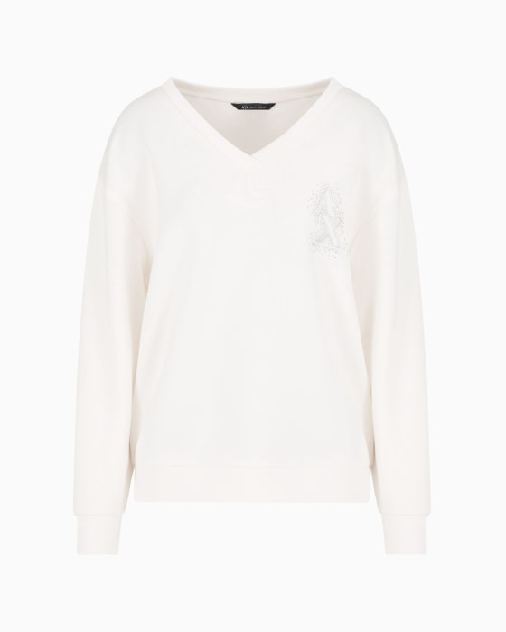 ARMANI EXCHANGE sudadera color crudo con logo y  piedras en escote pico - 4