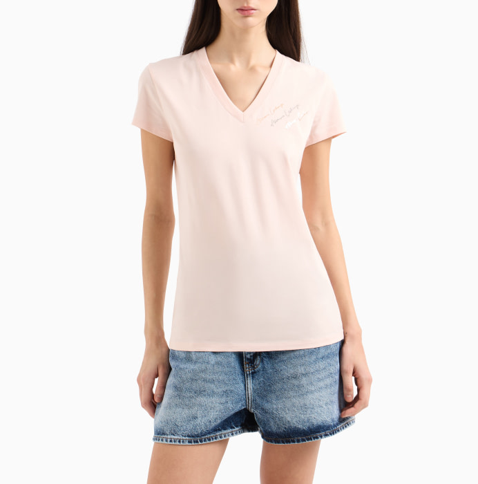 ARMANI EXCHANGE camiseta escote pico con logo color rosa