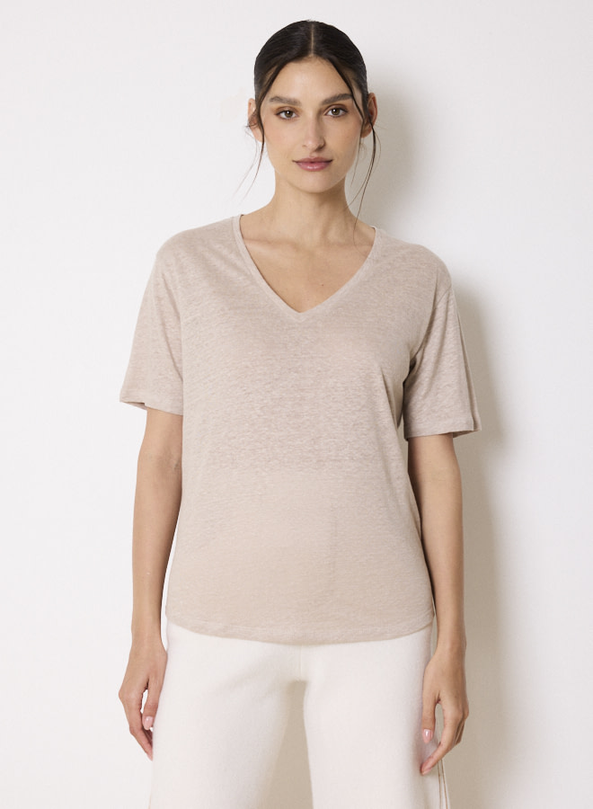 NOTSHY camiseta en lino m/c color beige en escote pico