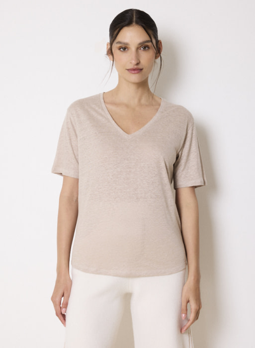 NOTSHY camiseta en lino m/c color beige en escote pico