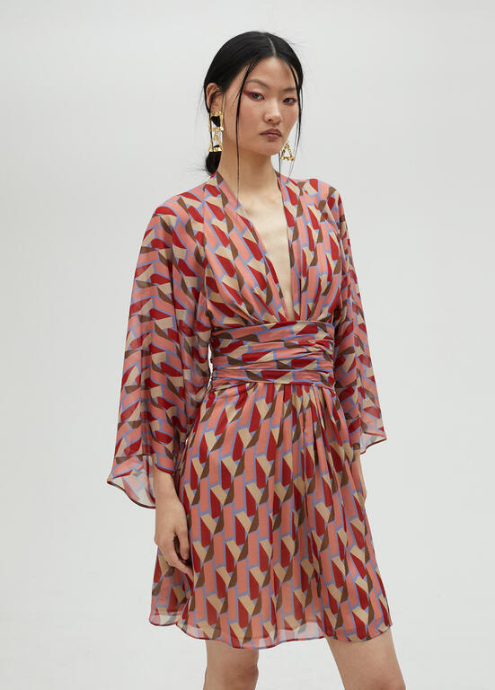 LOLA CASADEMUNT by Maite vestido frunzido rosa,  azul y rojo