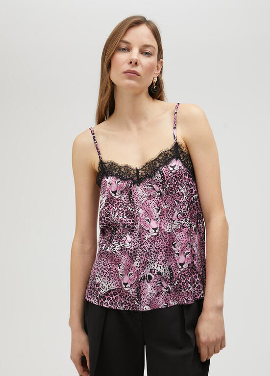 LOLA CASADEMUNT top lencero en animal print fucsia y negro