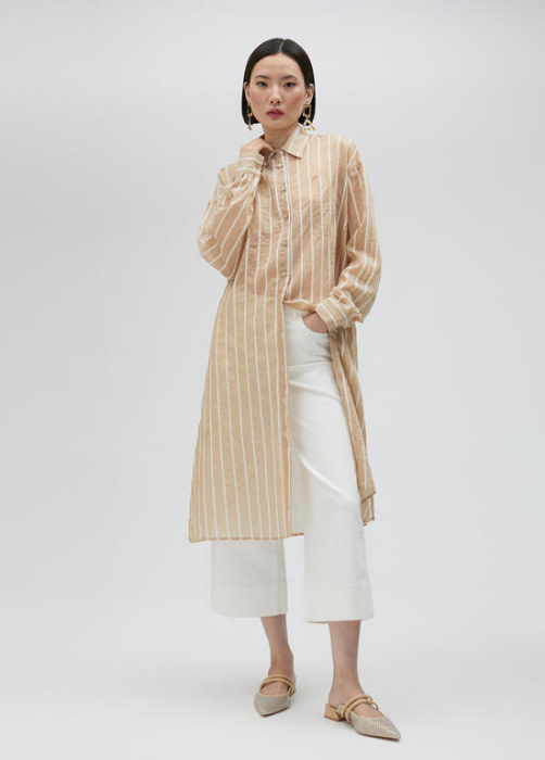 LOLA CASADEMUNT camisa larga en rayas beige y  blanco - 1