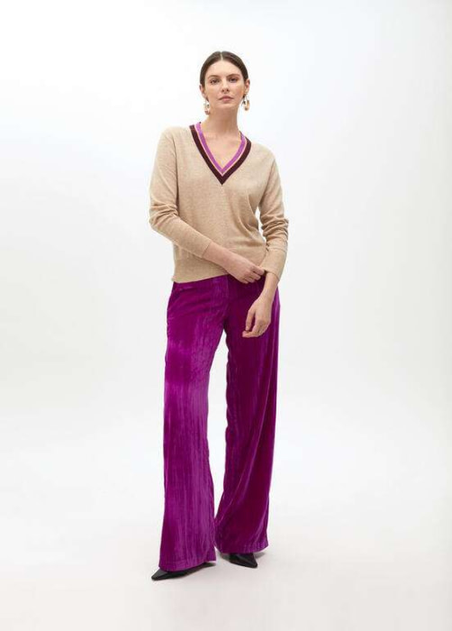 LOLA CASADEMUNT by Maite jersey escote pico  camel con vivos en morado - 7
