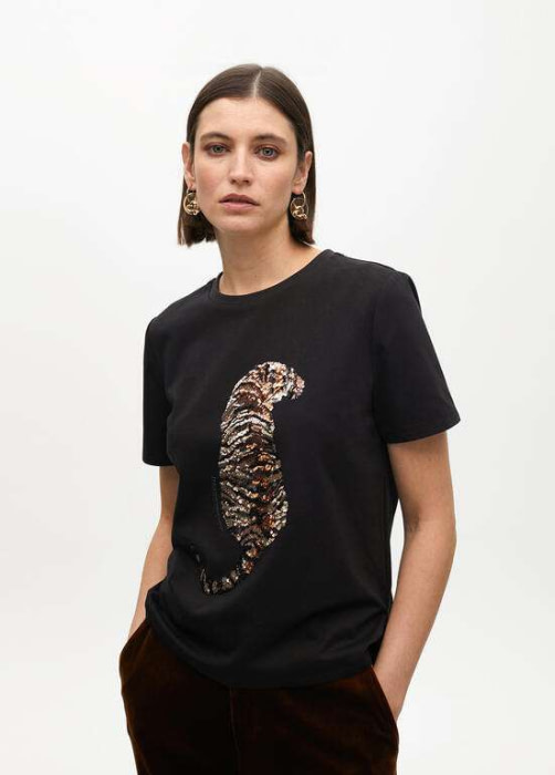 LOLA CASADEMUNT camiseta manga corta negra con  tigre en paillette - 2