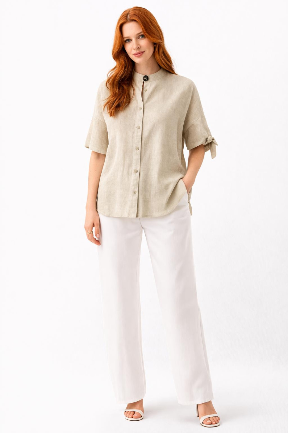 ARMANI EXCHANGE camisa en lino color beige manga corta