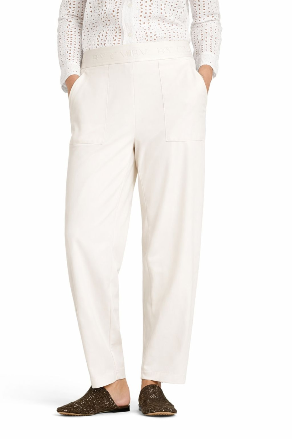 CAMBIO pantalón microfibra, ancho con cintura  elástica y bolsillos color crudo