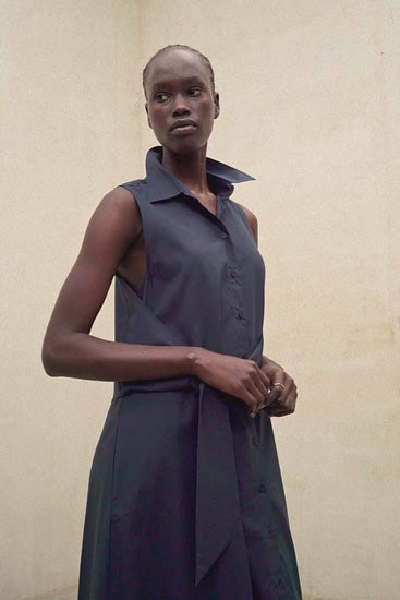 ECOALF vestido largo en popelín color azul marino