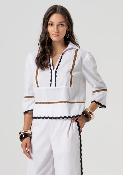 FRACOMINA camisa blanca con aplicaciones y vivos   en zig zag - 3