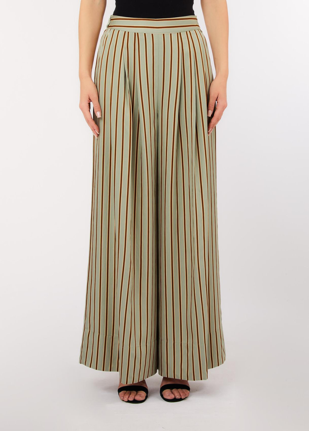 LIU.JO pantalón ancho con pinzas en rayas verde y  marrón