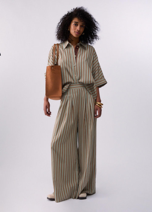 LIU.JO pantalón ancho con pinzas en rayas verde y  marrón - 4