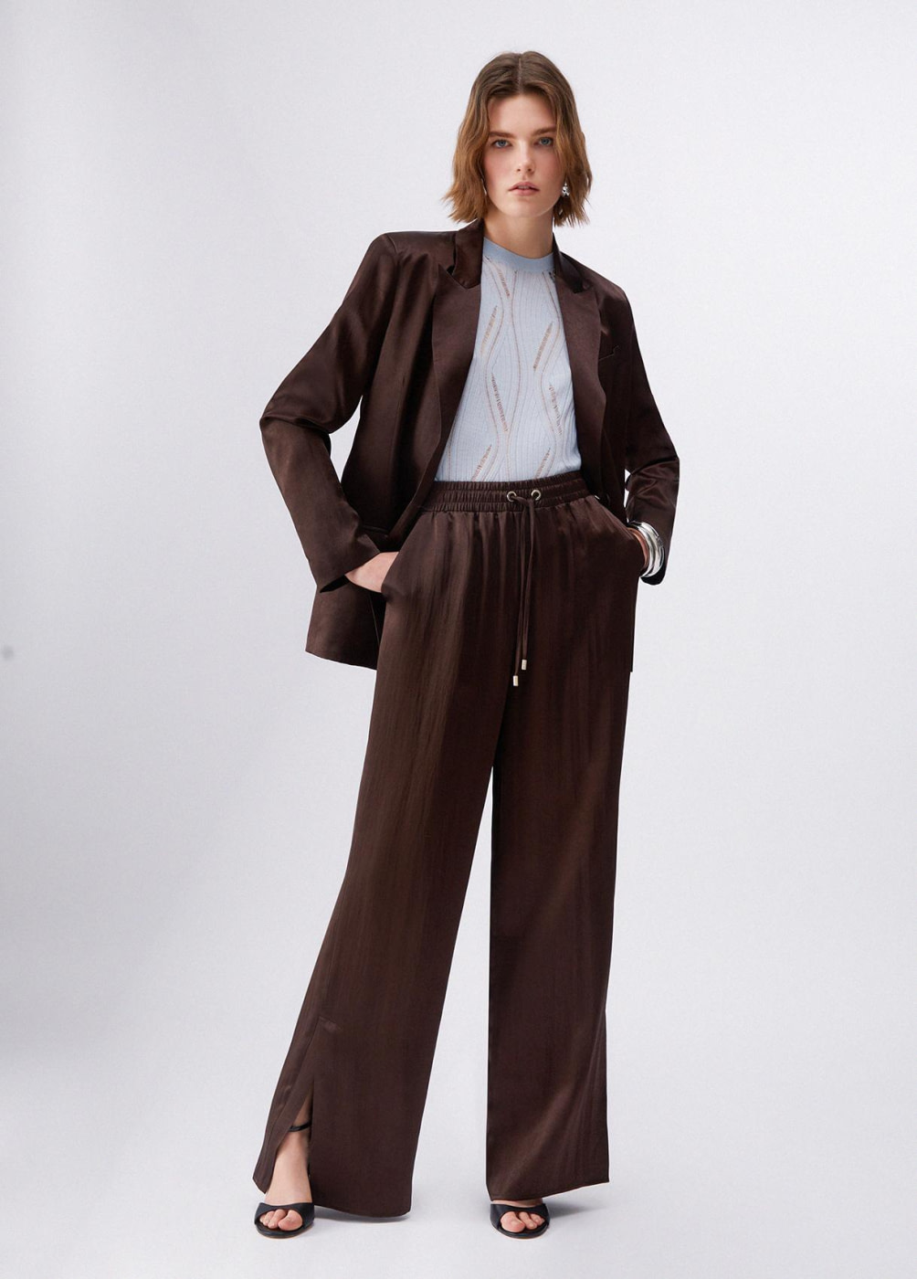 LIU.JO pantalón ancho en raso color marrón