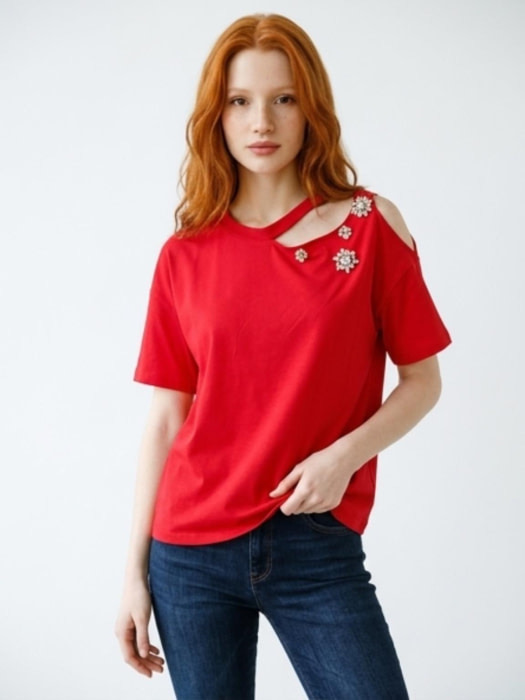 LIU.JO camiseta m/c en rojo con apertura en el  escote y piedras