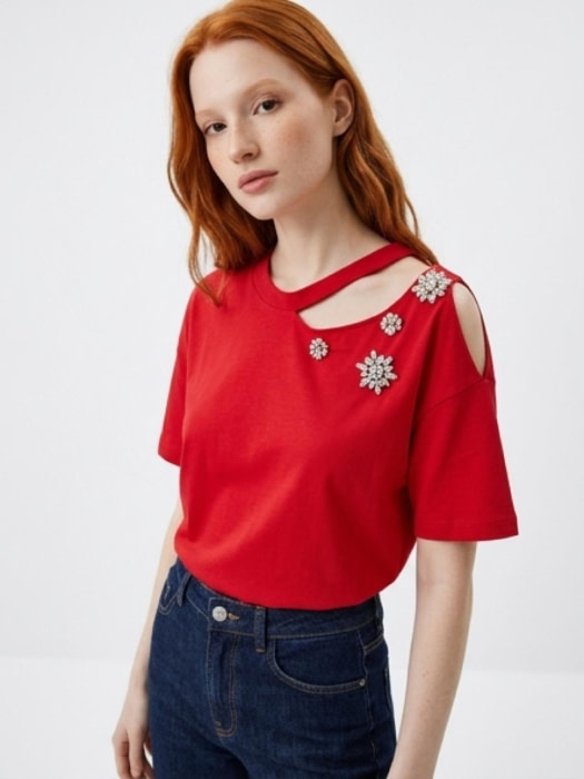 LIU.JO camiseta m/c en rojo con apertura en el  escote y piedras - 2