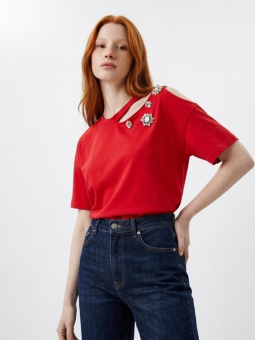 LIU.JO camiseta m/c en rojo con apertura en el  escote y piedras - 4