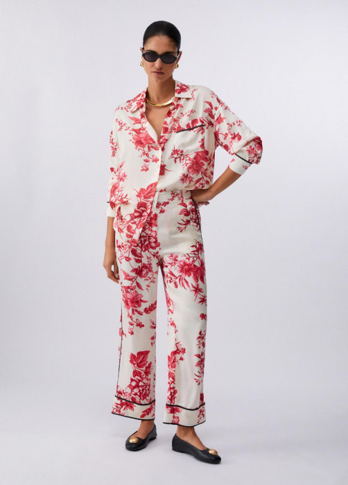 LIU.JO pantalón seda crudo y rojo con estampado  floral