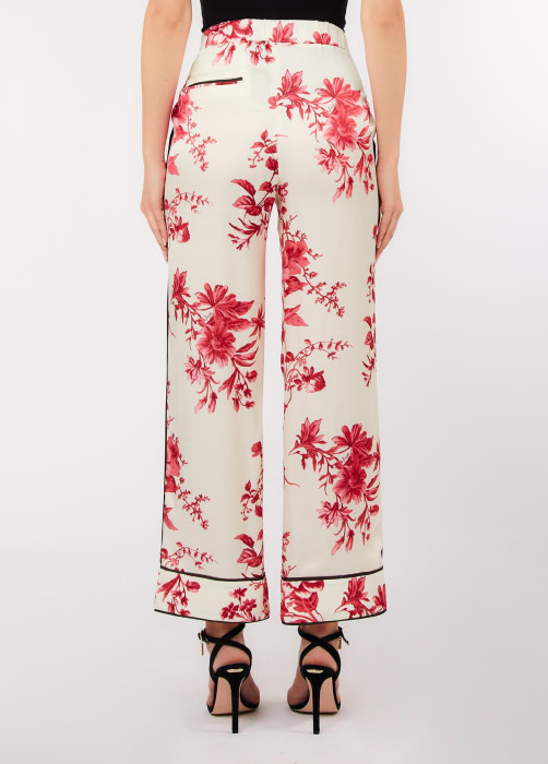 LIU.JO pantalón seda crudo y rojo con estampado  floral - 3