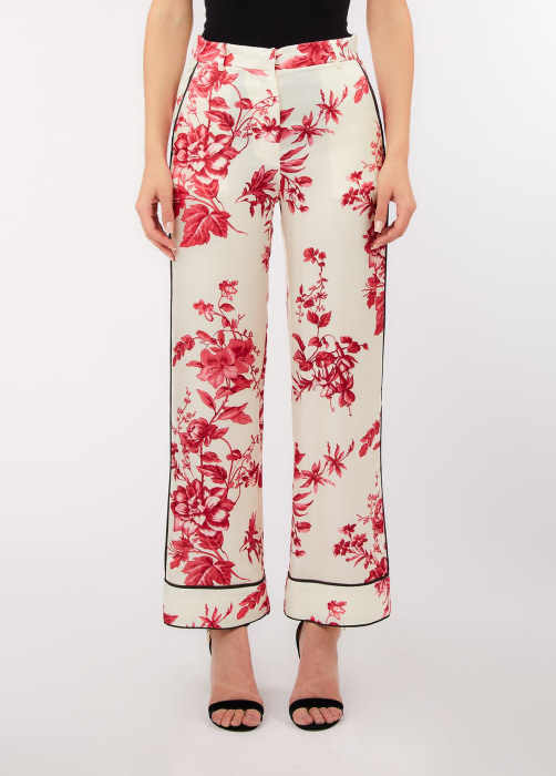 LIU.JO pantalón seda crudo y rojo con estampado  floral - 4